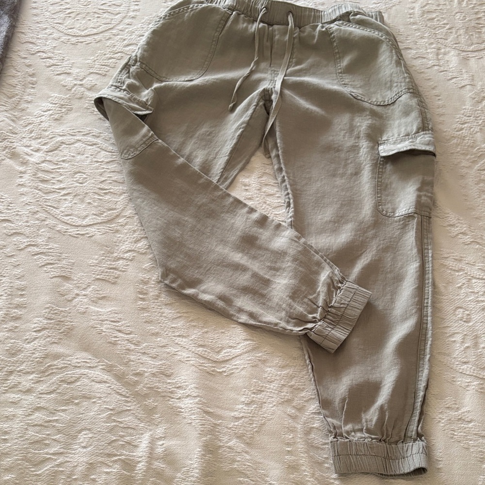 Nicole Miller Sage Green 100% Linen Cargo Jogger Pants M